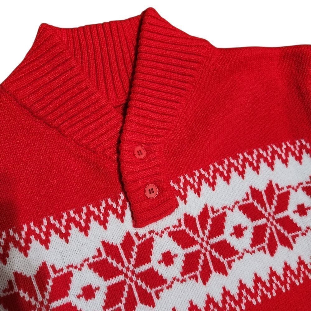 Men's Winter Sweater Large Red White Winter V Neck Fair Isle Nordic Acrylic - Picture 3 of 10